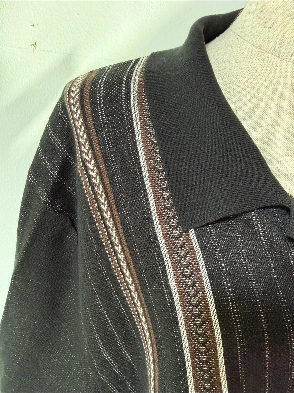 Men's Black Short-Sleeve Button Polo with Vertical Stripe Detail